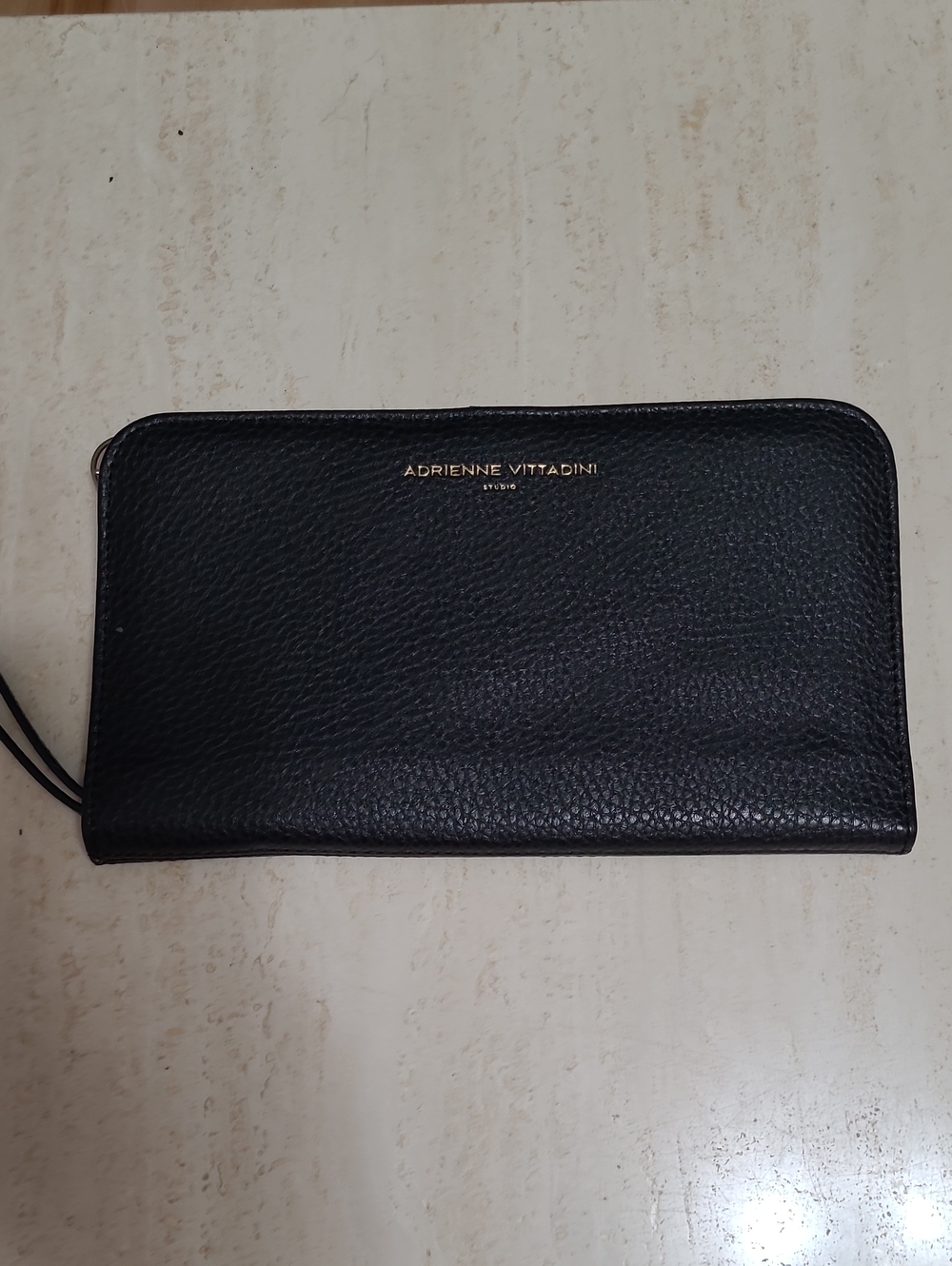 027 Adrienne Vittadini Black Pebbled Faux Leather Wristlet Wallet, Gold Logo